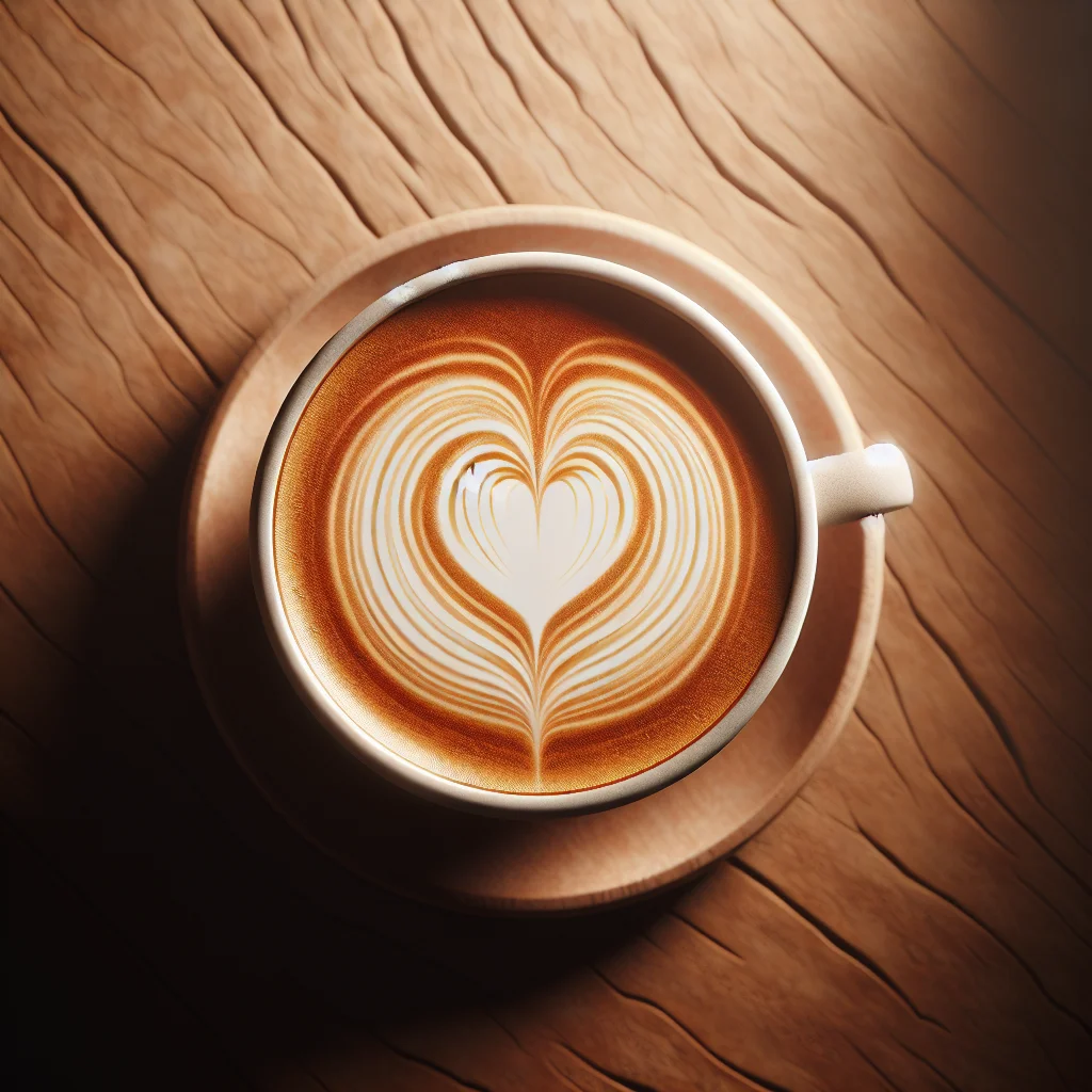 Overhead shot of a simple latte art heart in a white ceramic cup on a wooden surface