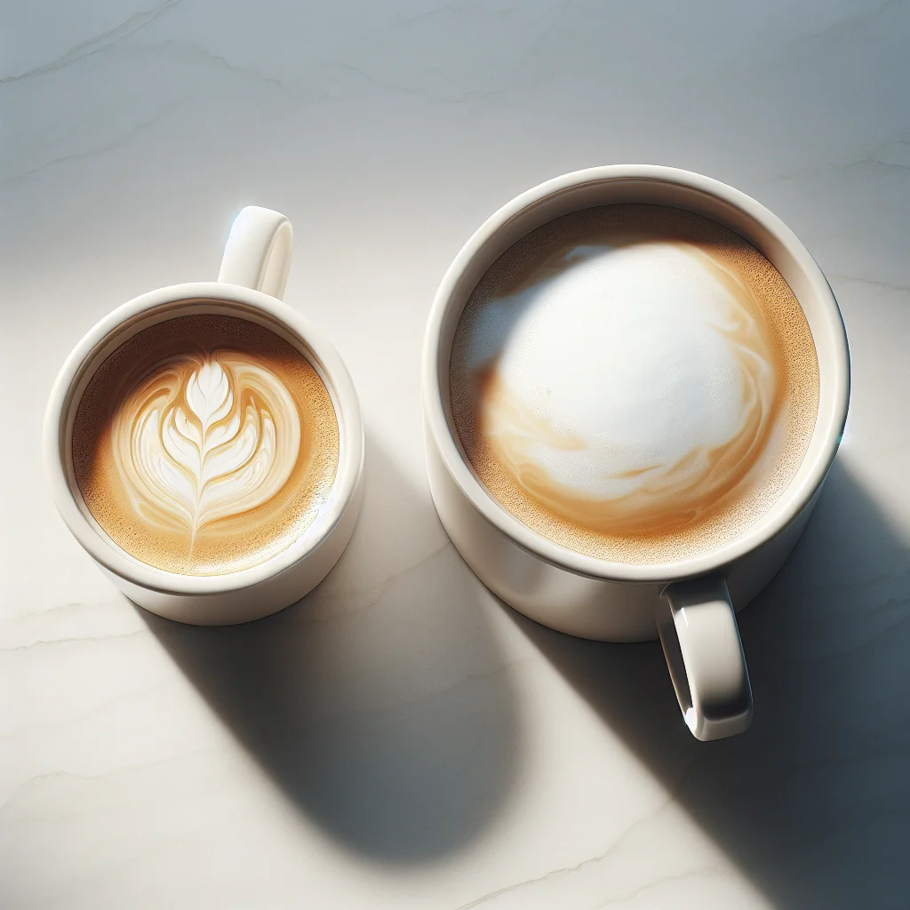 Side-by-side comparison of a wide rounded latte cup and a straight-sided mug, showing the difference in pour surface