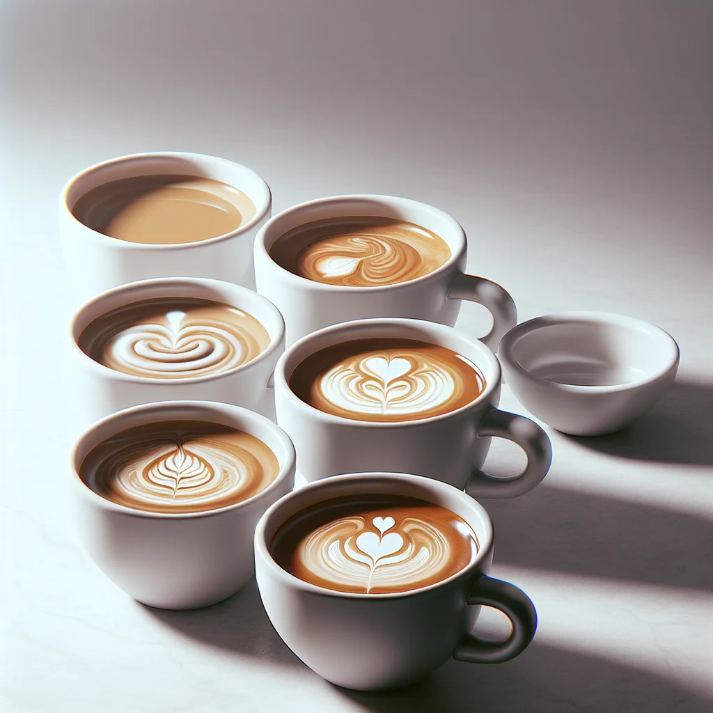 Five latte cups in a row showing progressive improvement — from plain brown to messy blob to clean heart