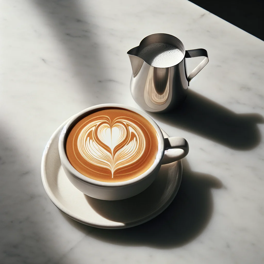 Overhead shot of a latte with a simple heart design next to a stainless steel milk pitcher on a clean countertop
