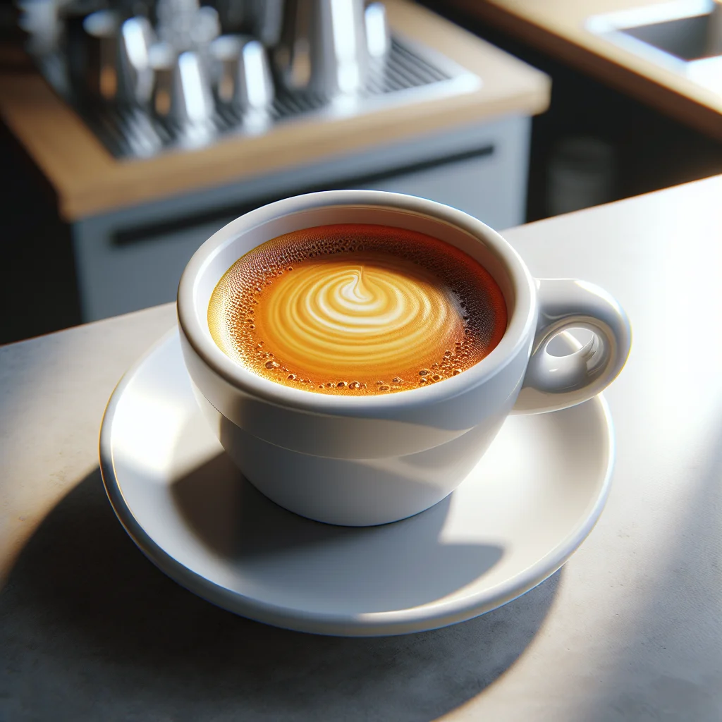 Close-up of a fresh espresso shot in a white cup showing a thick, even layer of crema
