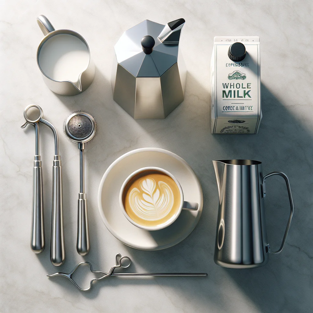 Flat-lay photo of the four essential tools — espresso machine steam wand, stainless-steel milk pitcher, carton of whole 