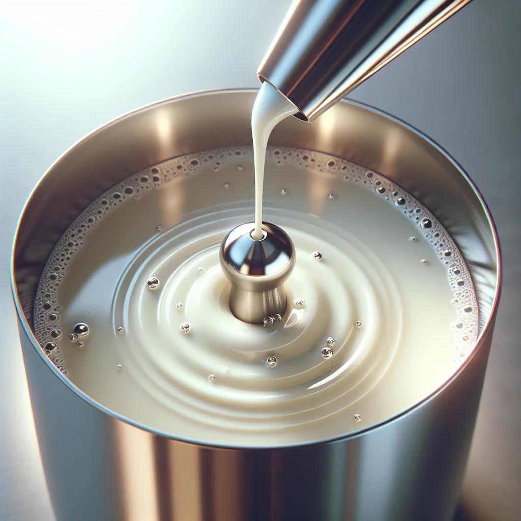 Close-up of a steam wand tip just breaking the surface of milk in a stainless steel pitcher, with tiny bubbles visible a