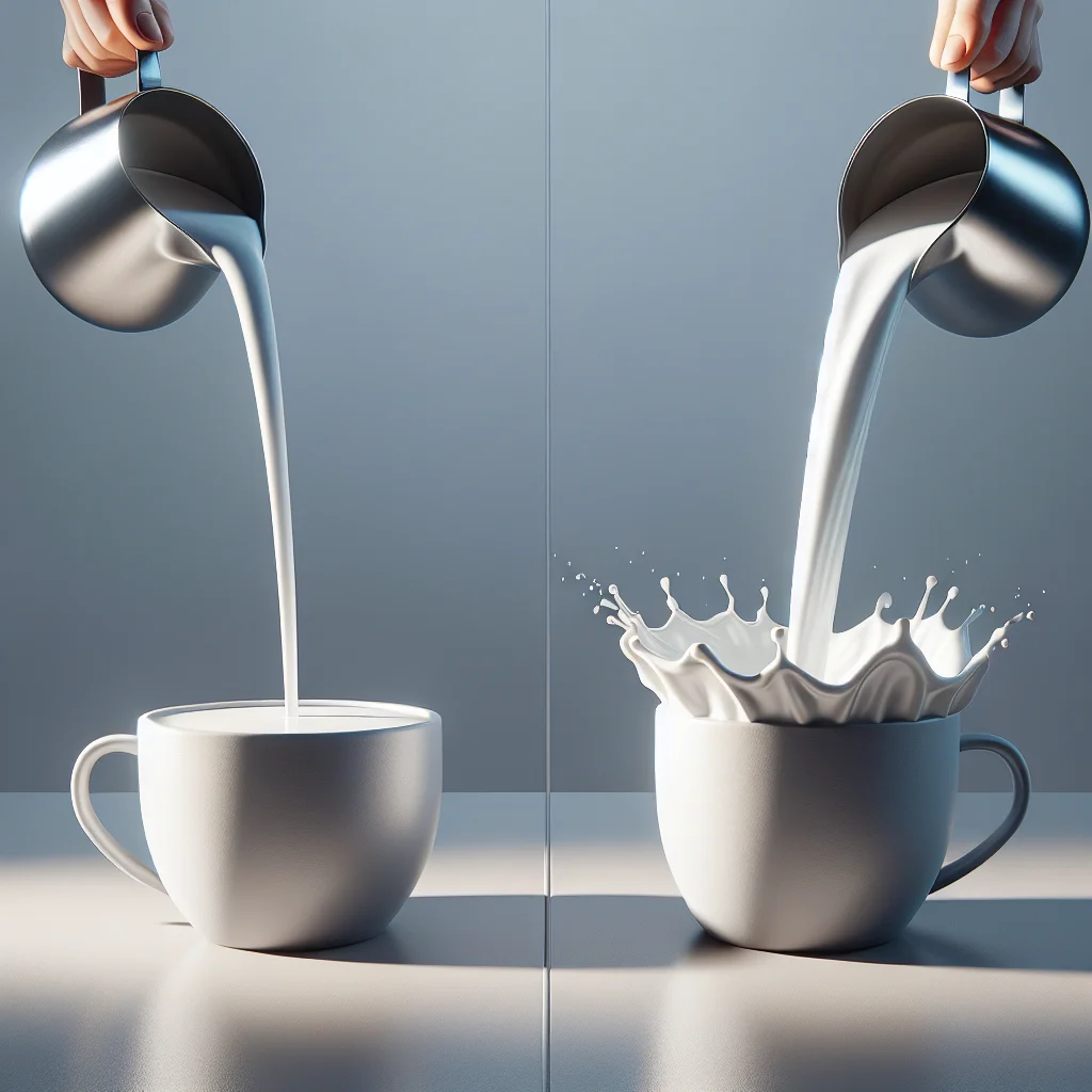 Side-by-side comparison of a thin, slow milk stream versus a thicker, faster stream entering a cup